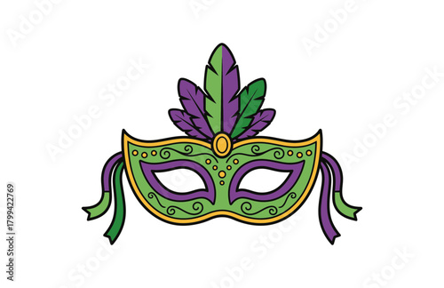 venetian carnival mask, mardi gras mask, flat design, vector art, clean outline, plain white background