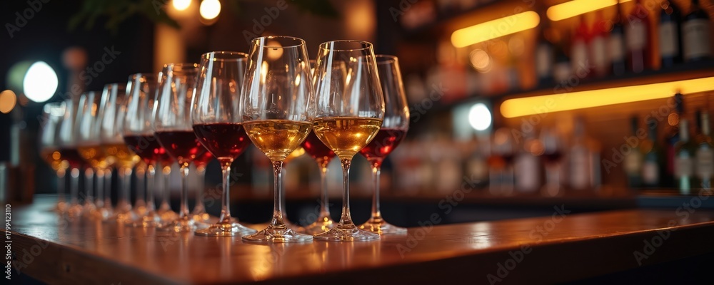 Obraz premium Line of wine glasses filled with red and white wine sit on bar counter. Blurred bottles and soft yellow lights in background create ambiance. Elegant tasting event setting.