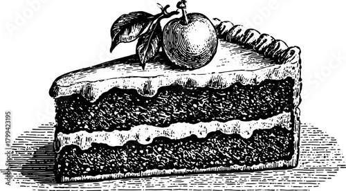 Vintage cake illustration in line drawing style. This detailed vector illustration shows a sliced chocolate cake with an apple on top, presented in black and white.