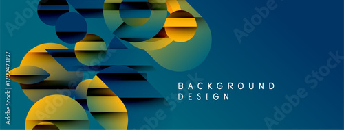 Abstract geometric shapes overlap, creating dynamic blue, gold composition. Modern design suitable for backgrounds, banners.