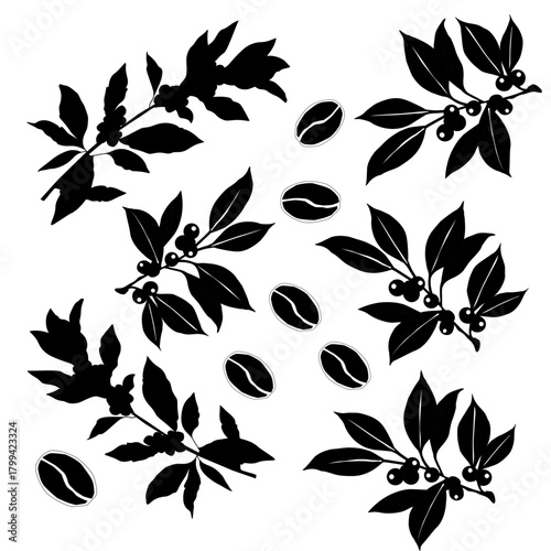 Floral Coffee Silhouette Vector Art. Botanical Coffee Cup and Beans Illustration. Elegant Coffee Branch Decor Icon. Minimalist Cafe Drink Silhouette with Leaves. Coffee Plant Decorative Outline Design
