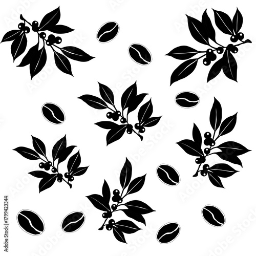 Floral Coffee Silhouette Vector Art. Botanical Coffee Cup and Beans Illustration. Elegant Coffee Branch Decor Icon. Minimalist Cafe Drink Silhouette with Leaves. Coffee Plant Decorative Outline Design