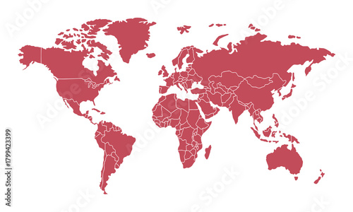 Gray World Map with Country Borders on Transparent Background. Flat vector world map in gray with national boundaries.