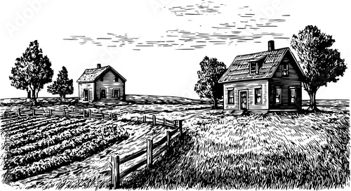 Black and white outline drawing of a rural landscape featuring two houses and a farm field. The scenic vector illustration includes details like trees and a fence.