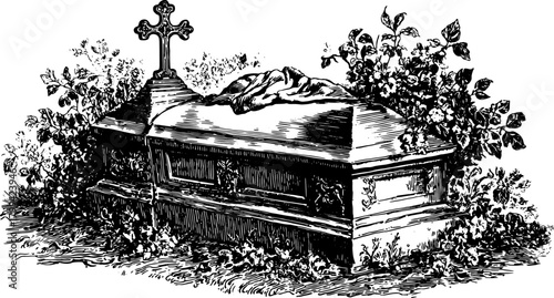 Tomb with a cross surrounded by vegetation. Vintage black and white vector illustration of a memorial in a cemetery set.