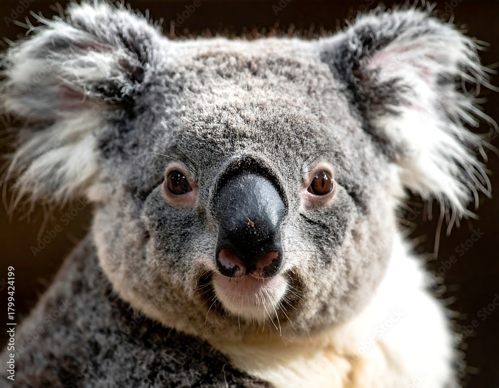 Obraz premium Close-up of a furry, grey marsupial gazing directly at the viewer