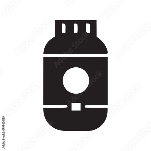 Simple silhouette icon of a supplement or protein powder container for health and fitness