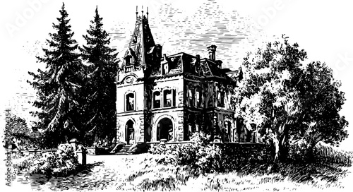 Vintage mansion illustration in black and white outline. Set of detailed architecture with trees, presented as vector art.