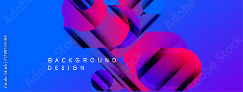 Vibrant blue backdrop features layered pink, purple shapes. Modern design elements create dynamic visual impact. Text reads background design.