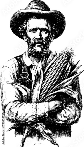 Vintage farmer portrait holding corn. Black outline engraving vector illustration with a traditional agricultural theme.