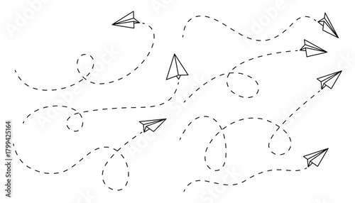 Paper plane with dotted line. paper airplane routes. paper airplane doodle. travel path. travel symbol. vector illustration