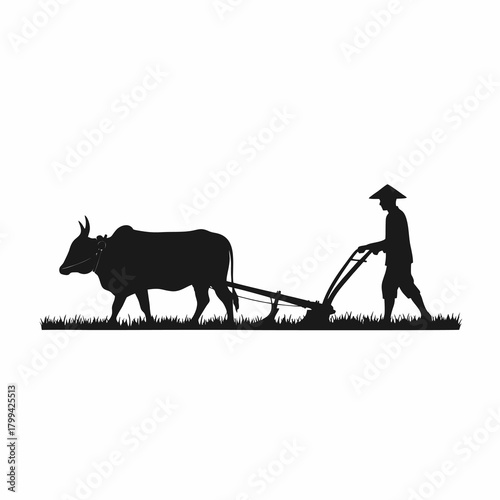 vector silhouette of a farmer plowing a rice field with a buffalo