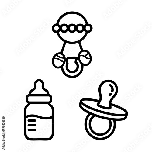 Baby Icons Set Rattle Bottle Pacifier Outline Vector Art