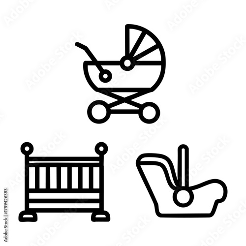 Baby Gear Icon Set Stroller Crib Car Seat Outline Vector