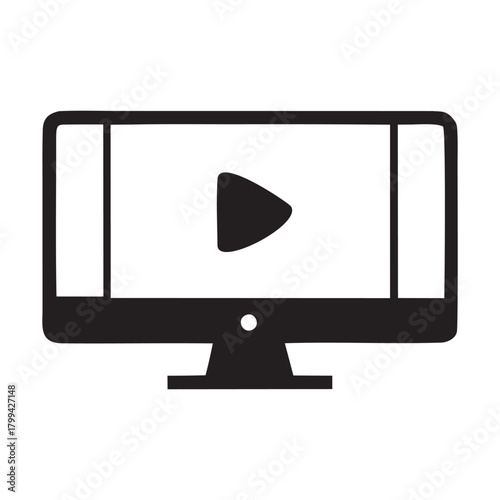 Modern computer monitor displaying a play button icon for video content playback