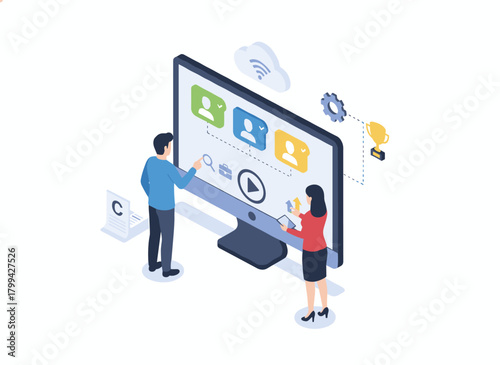 Isometric vector illustration of a web banner featuring a man and a woman in front of a computer screen, reviewing job candidates' CVs, embodying HR, hiring, and recruitment concepts