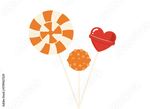 Swirled lollipop and lolly candies on sticks, sweet spiral lollipops, round roll pops, and caramel suckers, all twisted and ball-shaped confections, presented as a flat vector illustration on a white