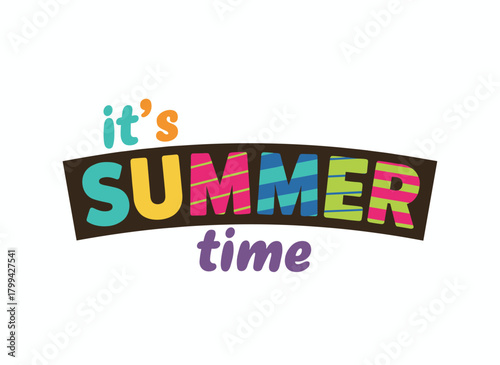 The phrase “It’s Summer Time” is rendered in an elegant calligraphic hand, presented as a modern, stylish typographic composition on a white background, and depicted as a flat, trendy vector