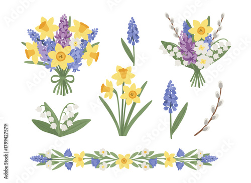 Vintage-style spring flower illustrations featuring hand‑drawn botanical scenes of wild blooming plants, including daffodils and pussywillow, rendered as colored vector graphics on a white background