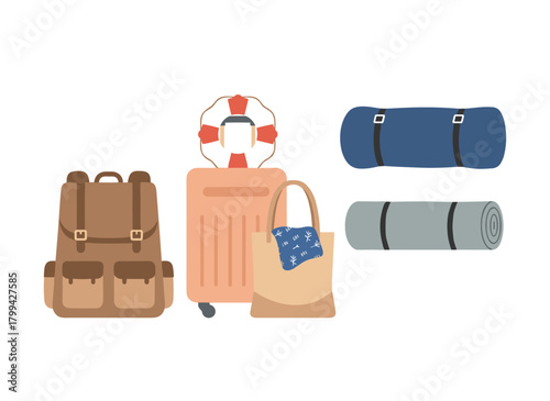 A flat vector illustration on a white background featuring luggage and travel packs, various essentials, a wheeled suitcase, sleeping bags, a vacation backpack, camping gear, and numerous touristic