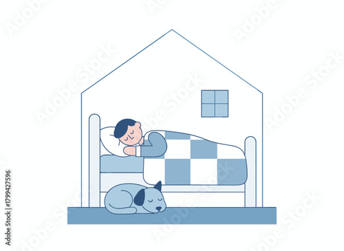 A child sleeping in bed at home, with a cat also dreaming beneath the duvet in the bedroom, while a sleepy person lies inside the house relaxing at night, depicted as a flat vector illustration on a