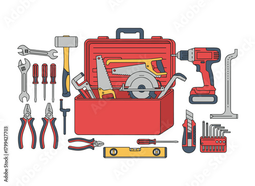 An assortment of hand and electric woodworking, home repair, and maintenance tools, hand‑drawn with blue contour lines on a white background, depicted as a monochrome realistic vector illustration