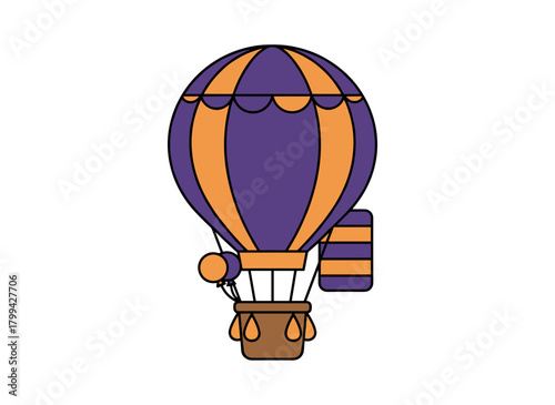 A hot air balloon with a ship-shaped basket soars like a hotair airship, an aerial transport aerostat with a sail, vessel, and soaring motion, illustrated as a flat vector graphic on a white