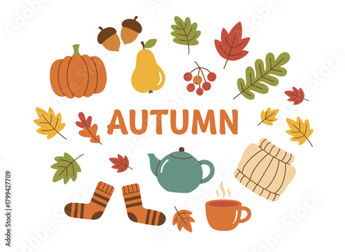 A collection of charming and cozy autumn design elements, featuring fall twigs, leaves, foliage, berries, pumpkins, a sweater, socks, and a tea cup, rendered as a colored flat vector illustration on