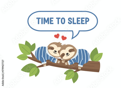 A mother and her baby sloth are dozing on a branch, a family of relaxed creatures napping in a jungle tree, depicted as charming cartoon figures against a white backdrop in a hand‑drawn vector