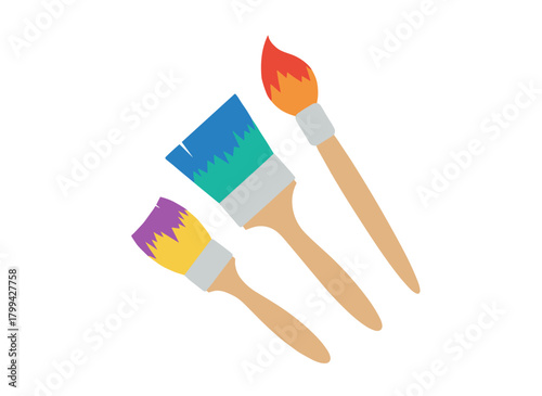 A flat vector illustration on a white background shows paint brushes with varied bristles, shapes, and types, serving as drawing tools and art supplies