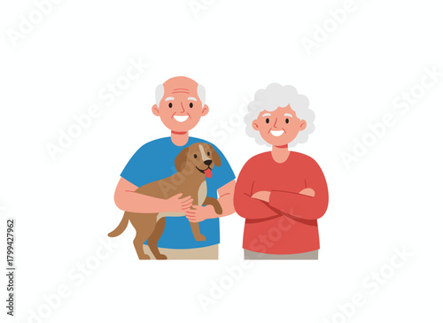 A cheerful, elderly couple in a flat vector illustration, depicted as a senior man and woman standing together with their dog, celebrating a happy marriage and retirement