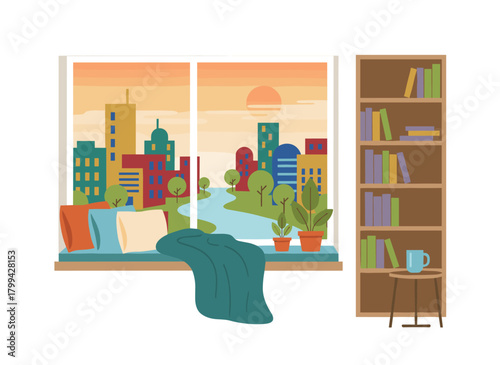 Cozy windowsill bathed in dawn light overlooking the city, with pillows and plaid decor; a morning cityscape featuring a river, houses, and sunrise seen from the apartment, rendered as a flat vector