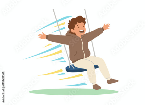 A joyful child swings on a web nest, grinning with delight; carefree and excited, the boy enjoys outdoor play, leisurely hanging from a circular rope, depicted in a flat vector illustration against a