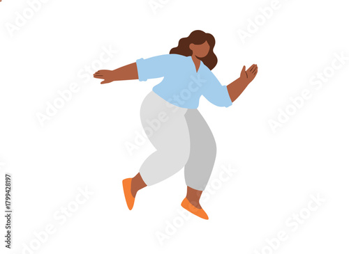 Illustration of a young African‑American woman dancing in a pose, wearing a blouse, pants, and sneakers, depicted in flat vector style against a white background