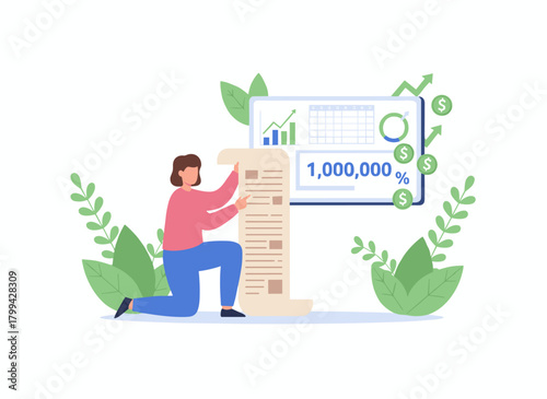 Calculating and planning budgets, managing personal finances, analyzing expense reports and financial bills, and illustrating accounting concepts with a flat vector image on a white background
