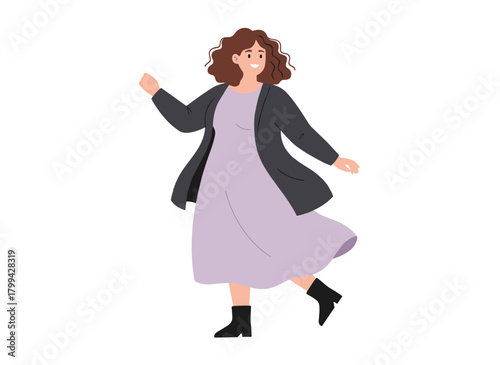 A contemporary woman in a trendy casual ensemble strolls in a long dress, ankle boots, and jacket, depicted as a flat vector illustration against a white background