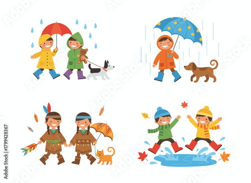 Cheerful, carefree children playing games and enjoying themselves, a set of outdoor playful activities featuring positive boys and girls in a childhood world, shown as a colored flat vector