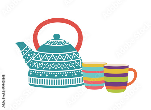 A charming ceramic teapot accompanied by cups, depicted as a painted kettle set against a white backdrop, representing kitchen crockery for a tea party concept in a hand‑drawn flat vector