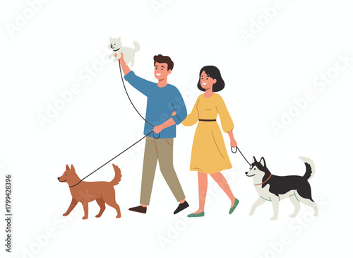 Illustration of a dog-loving couple in flat vector style, featuring a young girl and boy with pets, portraying a happy family, love, kindness, and animal care, depicted as married cartoon characters