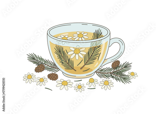 A realistic drawing of a tea cup with chamomile flowers and leaves set against a white background, showcasing a delicious herbal hot drink, all rendered in a colorful hand‑drawn vector illustration
