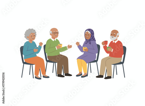 A group of senior men and women seated on chairs, sipping tea, chatting, and laughing together, depicted in a colorful flat cartoon vector illustration