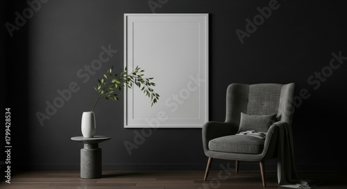 Modern minimalist interior with gray lounge chair and decorative wall art in stylish living space