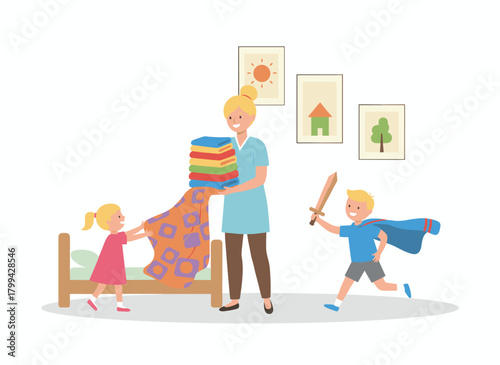 An exhausted mother juggling children and household chores, overwhelmed and feeling unwell, depicted in a flat vector illustration on a white background