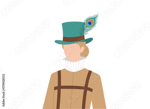 A female steampunk character in a vintage Victorian industrial style, wearing a retro 19th‑century outfit adorned with mechanical gears and sci‑fi aesthetics, depicted as a vector illustration on a