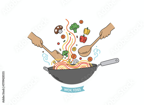 A monochrome realistic illustration of a wok pan with vegetables, mushrooms, noodles, and spices frying and tossing, hand‑drawn in an antique style with contour lines