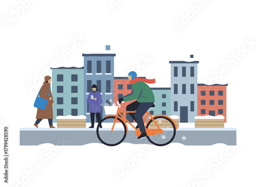 A young woman in warm outerwear pedals a bicycle through a snowy city street during winter, depicted in a colorful flat cartoon vector illustration