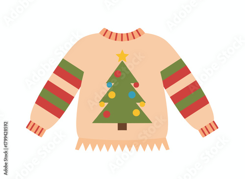 A charming sweater illustrated with a Christmas tree and fringe, featuring knitted festive attire with striped sleeves against a white background, crafted as comfortable handmade winter apparel