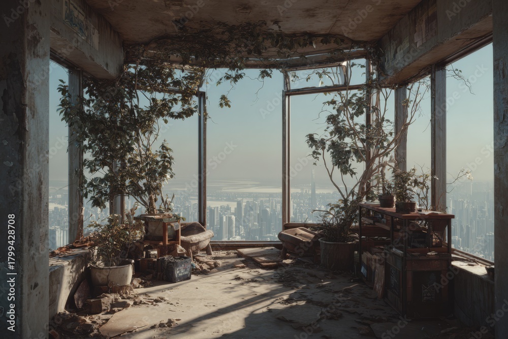 Obraz premium A survivors’ shelter built atop ruined concrete structures, with paper plants growing around it.