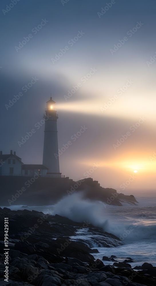 Fototapeta premium A majestic lighthouse standing tall on a rocky coastline during sunset with waves crashing below and a misty sky creating a serene maritime scene