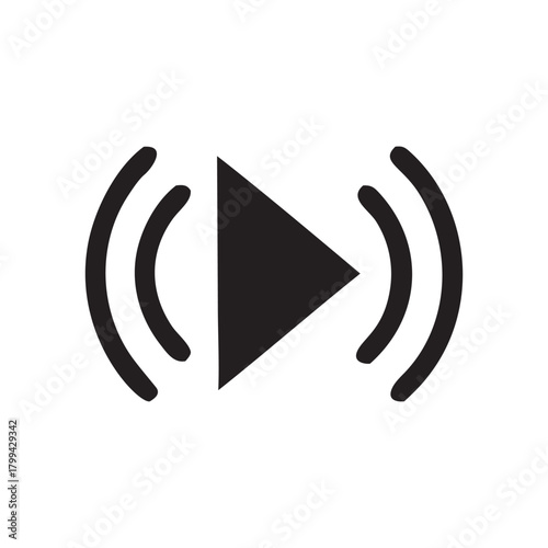 Simple dark grey play button icon with sound waves indicating audio or broadcast signal
